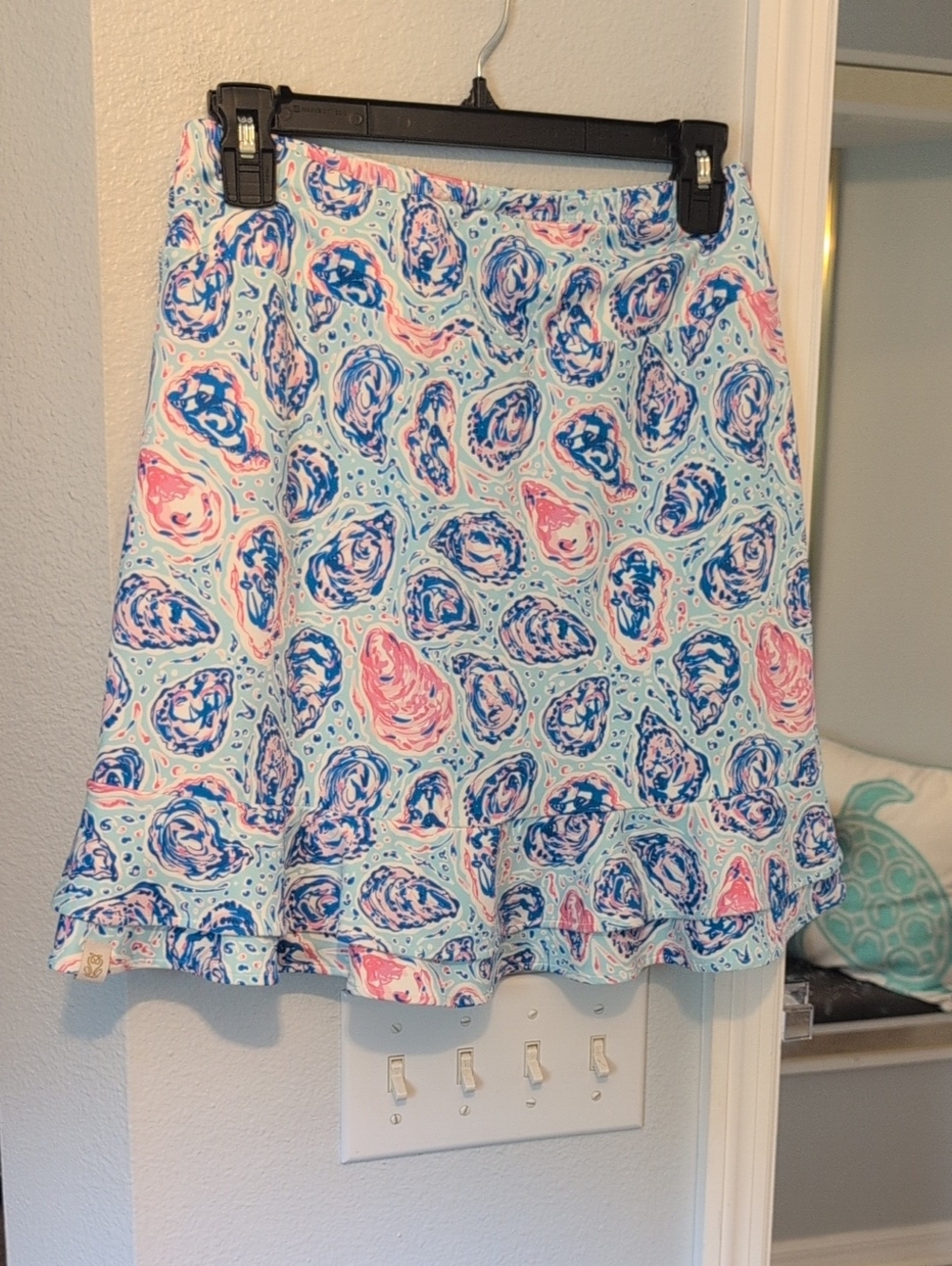 Simply Southern Light Blue Skater Skirt with Navy & Pink Swirl Print Brand New